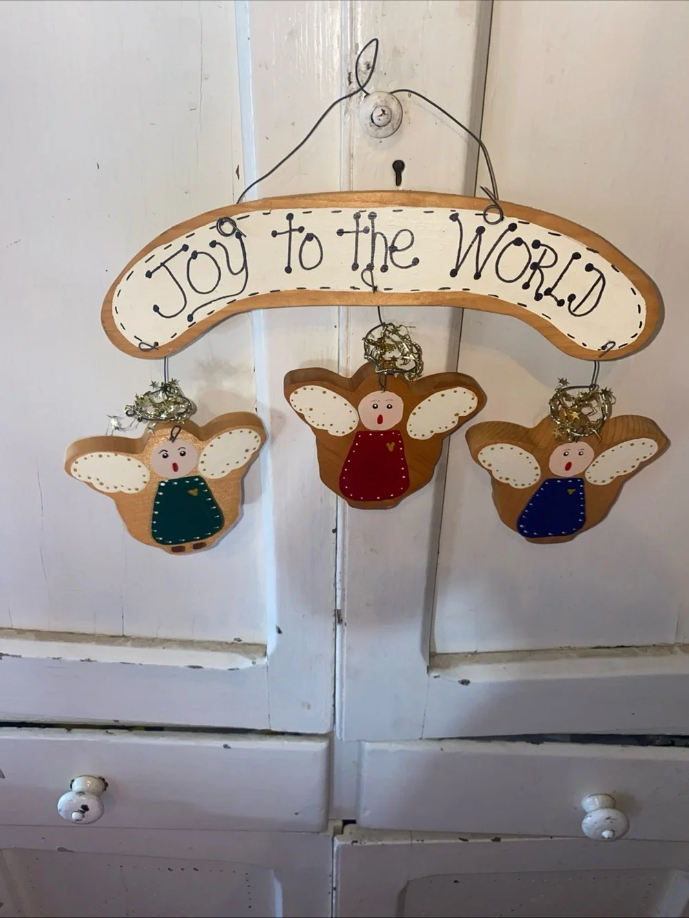 Joy to the World Wooden Angel Wall Hanging - Red, Green, Blue